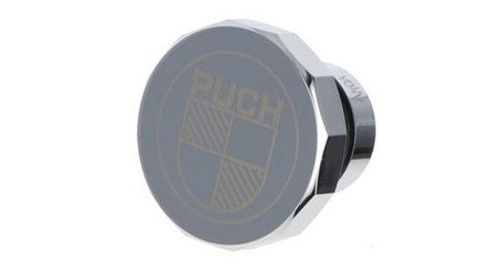 Tankdeckel Puch Maxi eckig Alu Chrom, mit Puch Logo