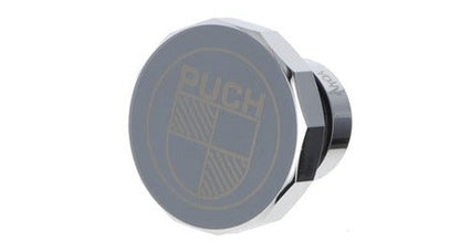 Tankdeckel Puch Maxi eckig Alu Chrom, mit Puch Logo
