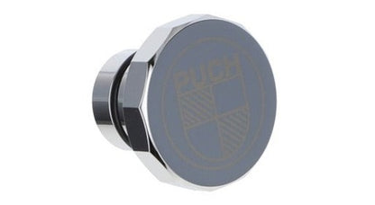 Tankdeckel Puch Maxi eckig Alu Chrom, mit Puch Logo