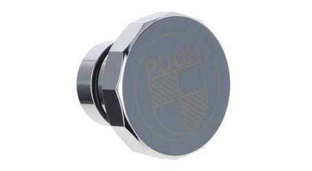 Tankdeckel Puch Maxi eckig Alu Chrom, mit Puch Logo