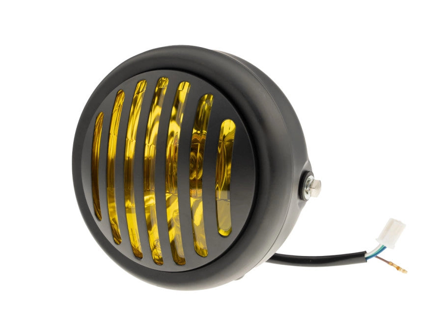 Scheinwerfer rund 165mm Halogen 12V 35W Matt Schwarz gelbes Glas mit Gitter